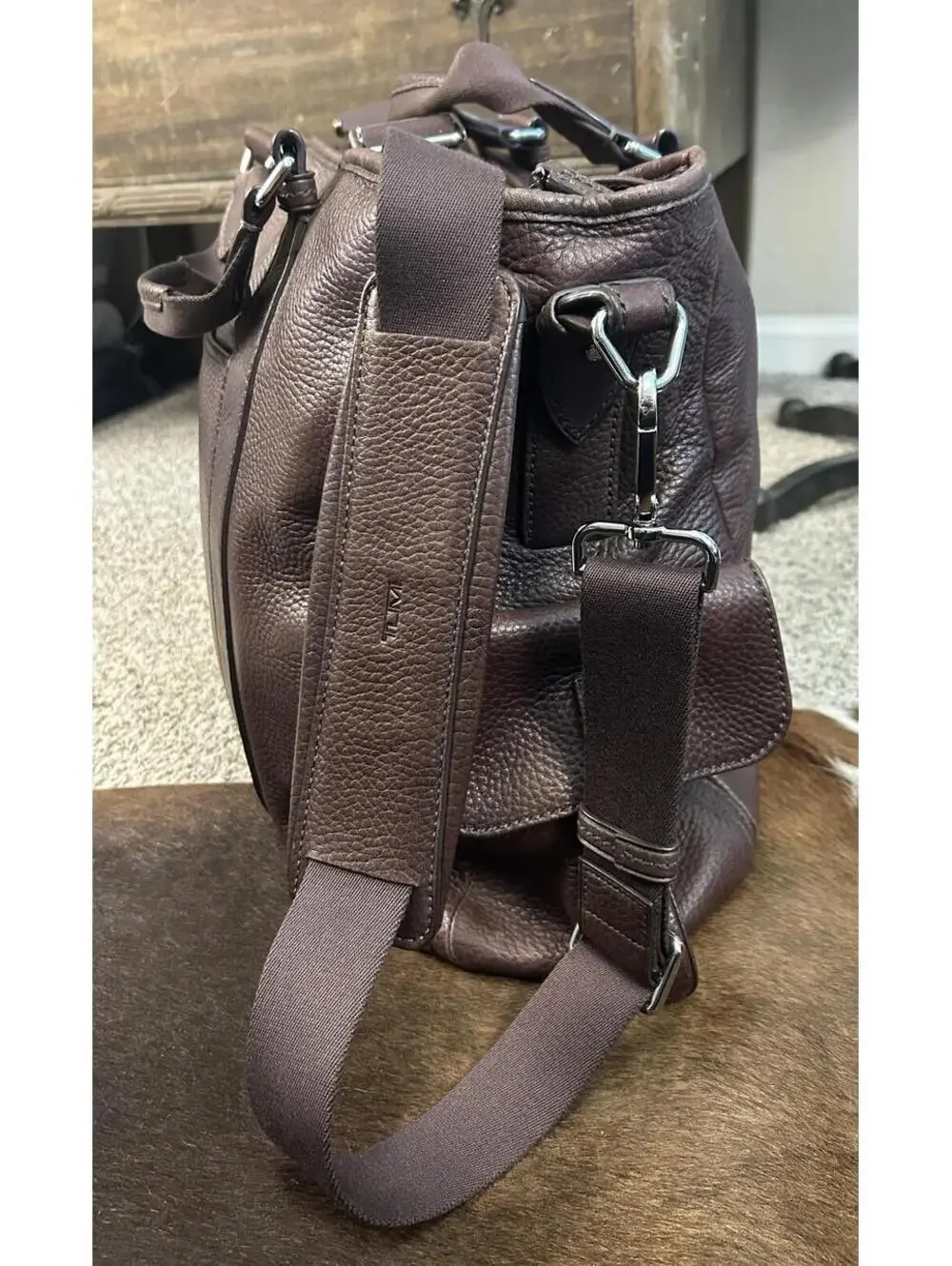 TUMI Brown Pebbled Leather Tote Shoulder Bag with Adjustable Strap